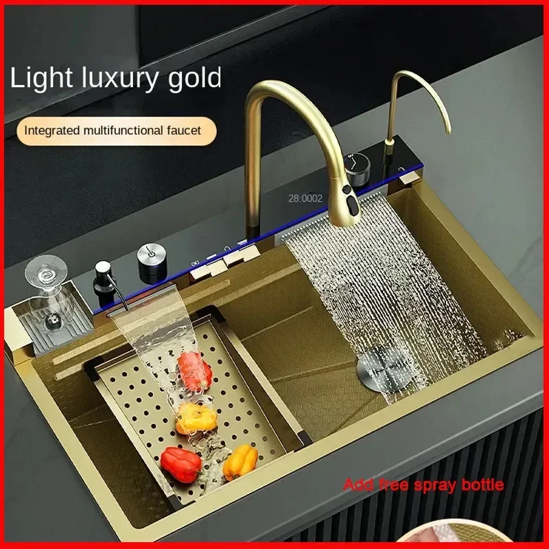 Gold Waterfall Sink 304 Stainless Steel Large Single Sink Kitchen Hand Wash Vegetable Basin Household Basin Dishwashing sink