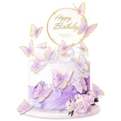 11-Pieces Purple Gold Butterfly Cake Toppers Happy Birthday Clear Circle Plaque Gold Pink Birthday Cake Butterfly Party Decor