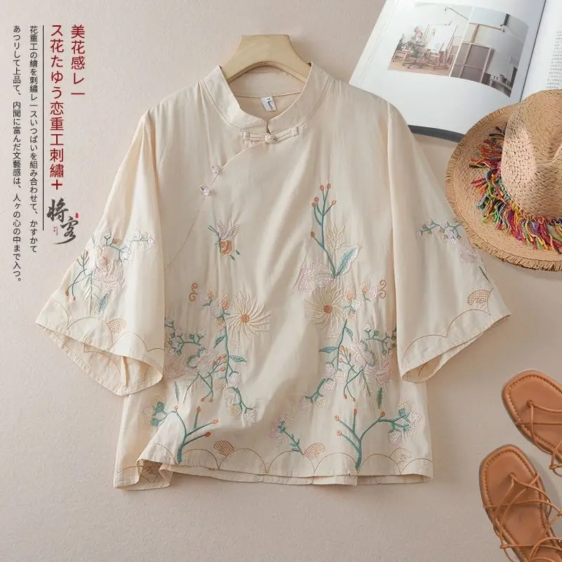 Chinese Style Viral Linen Blouse, Vintage Embroidered Frog Button Cotton Shirt Chinese Green Pink Beige | Literary Summer Top