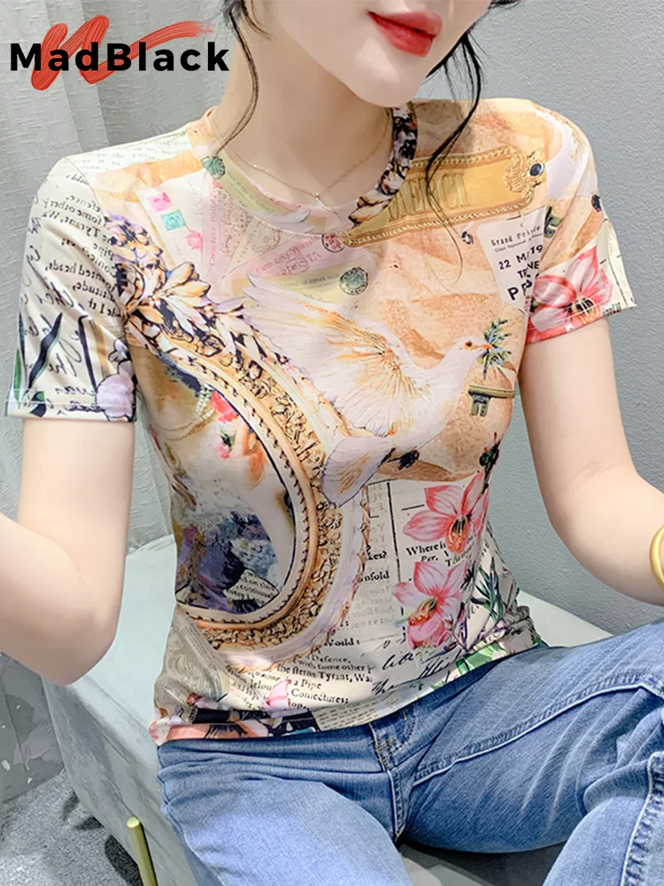 

MadBlack European Clothes Tshirts Women Sexy Round Collar Position Print Slim Mesh Top Short Sleeve Tee Summer New 2024 T44911JM