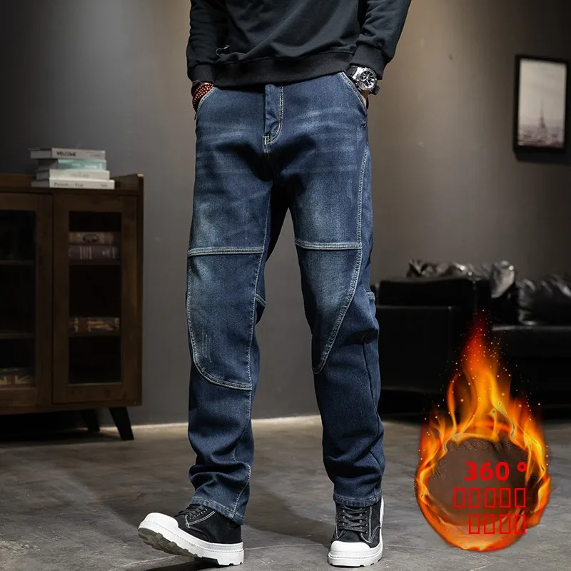 

Мужские джинсы из Thiened на подкладке с эластичной резинкой на талии, свободный крой, осень-зима, модные городские длинные брюки, молодежный размер