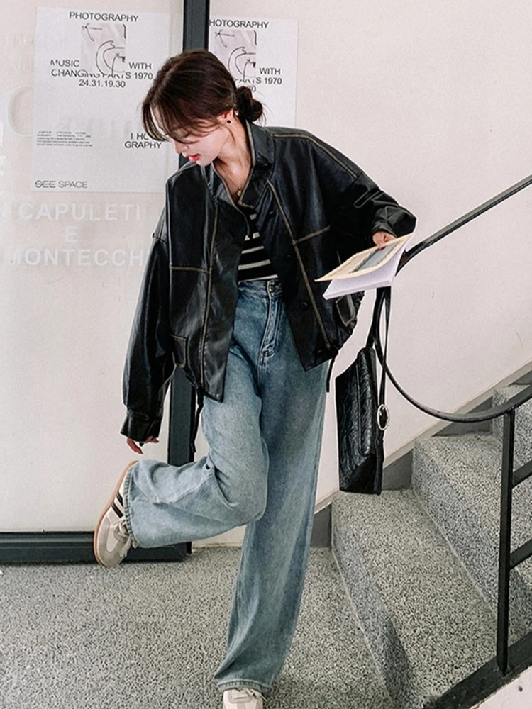 2025 Spring and Autumn new style women leather jacket American style retro brown stand up collar short leather jacket