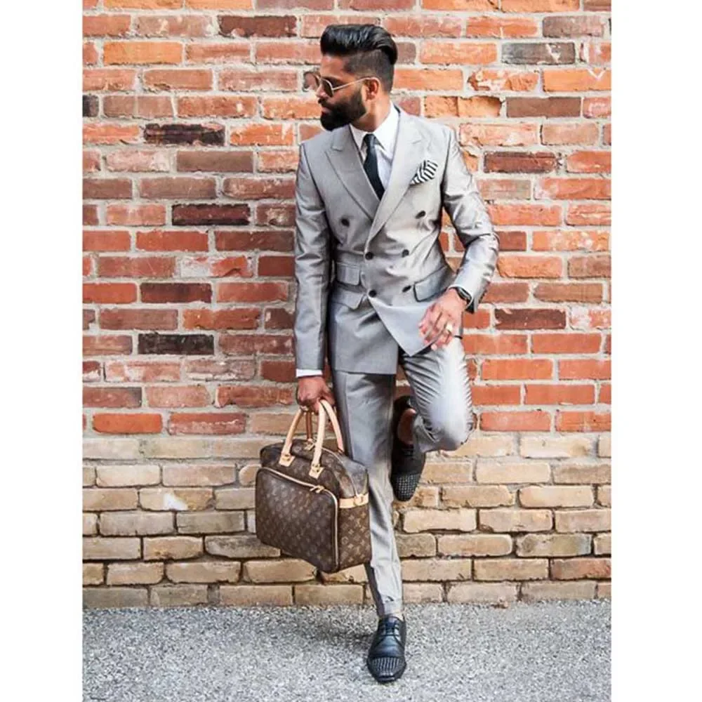 

Double Breasted Light Grey Men's Suits 2 Pieces Jacket Pants Slim Fit Blazers Sets Male Business Wedding Party Banquet Clothing