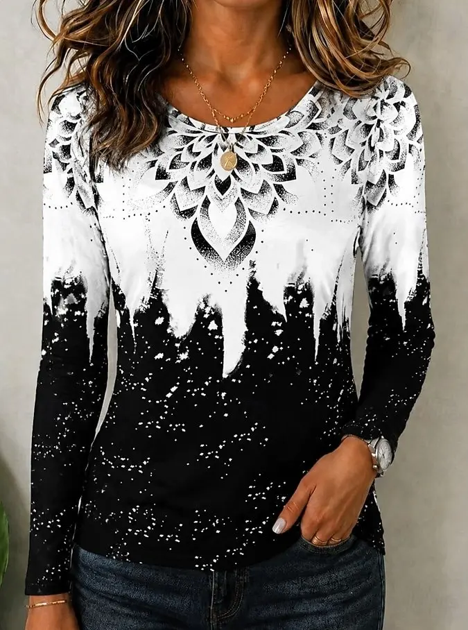 Women's Spring Summer 3D Printed Crew Neck Top, Black White Gradient Mandala Snow Dot Abstract Print Casual Daily Blouse