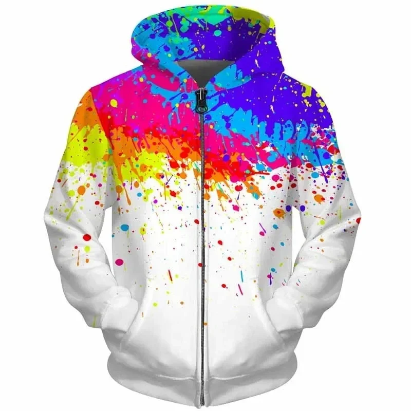 Unisex ZipUp Hoodie 3D Printed Colorful Paint Splatter Sweatshirt, Long Sleeve Kangaroo Pocket, Abstract Art Graffiti Streetwear