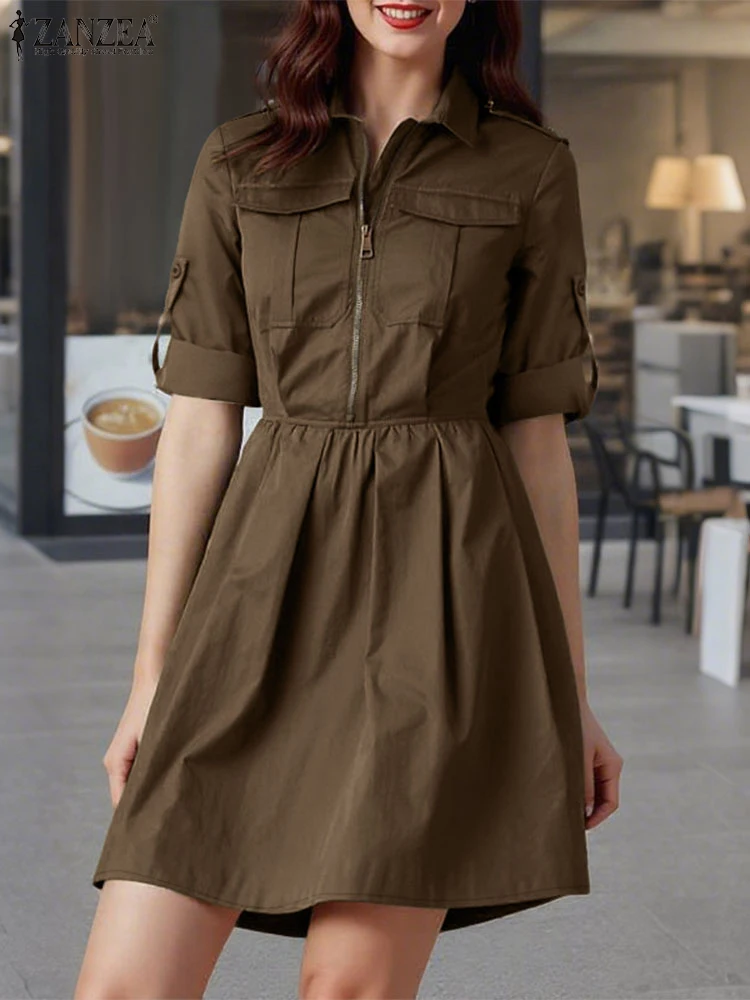 Zanzea feminino camisa longa vestido de carga verão manga longa mini vestido de verão 2025 moda solta zíper lapela sólido curto casual vestidos