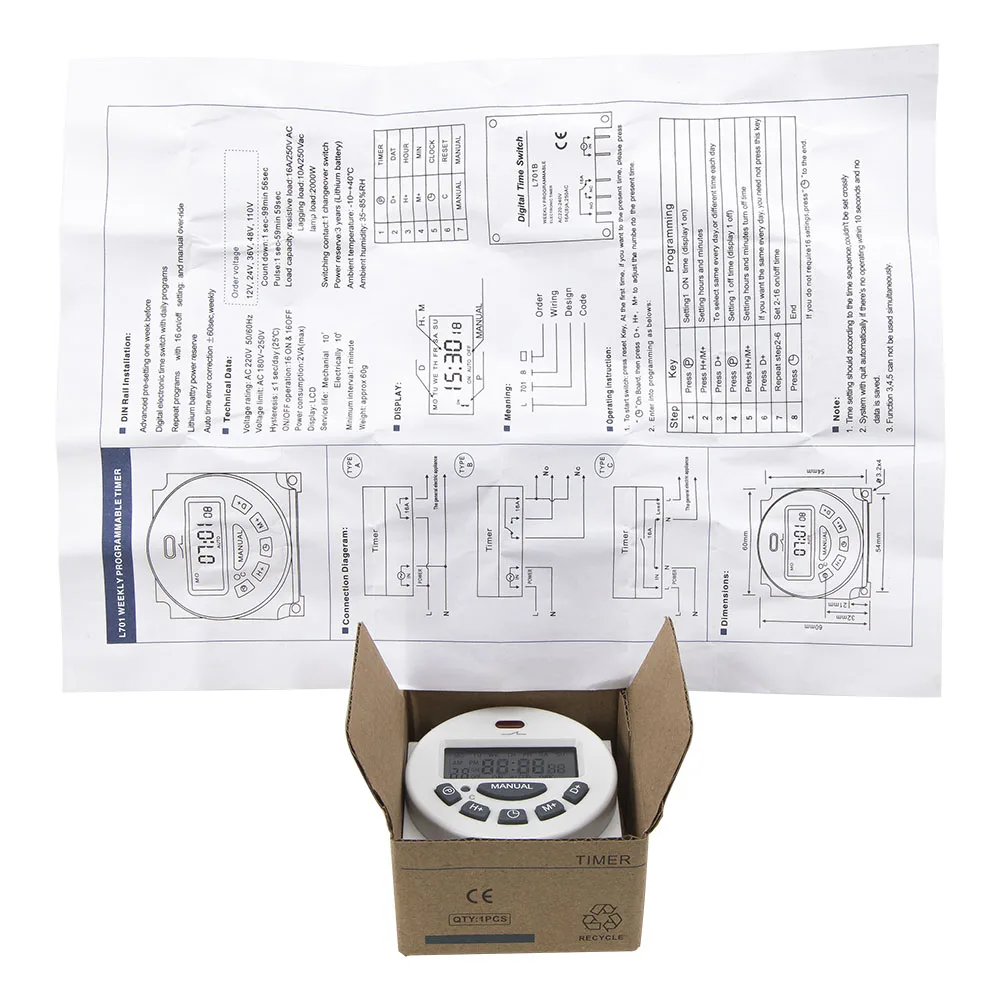 L701 CN101A 16A interruptor de tiempo digital temporizador electrónico programable semanal AC 220V 110V AC/DC 24V 12V
