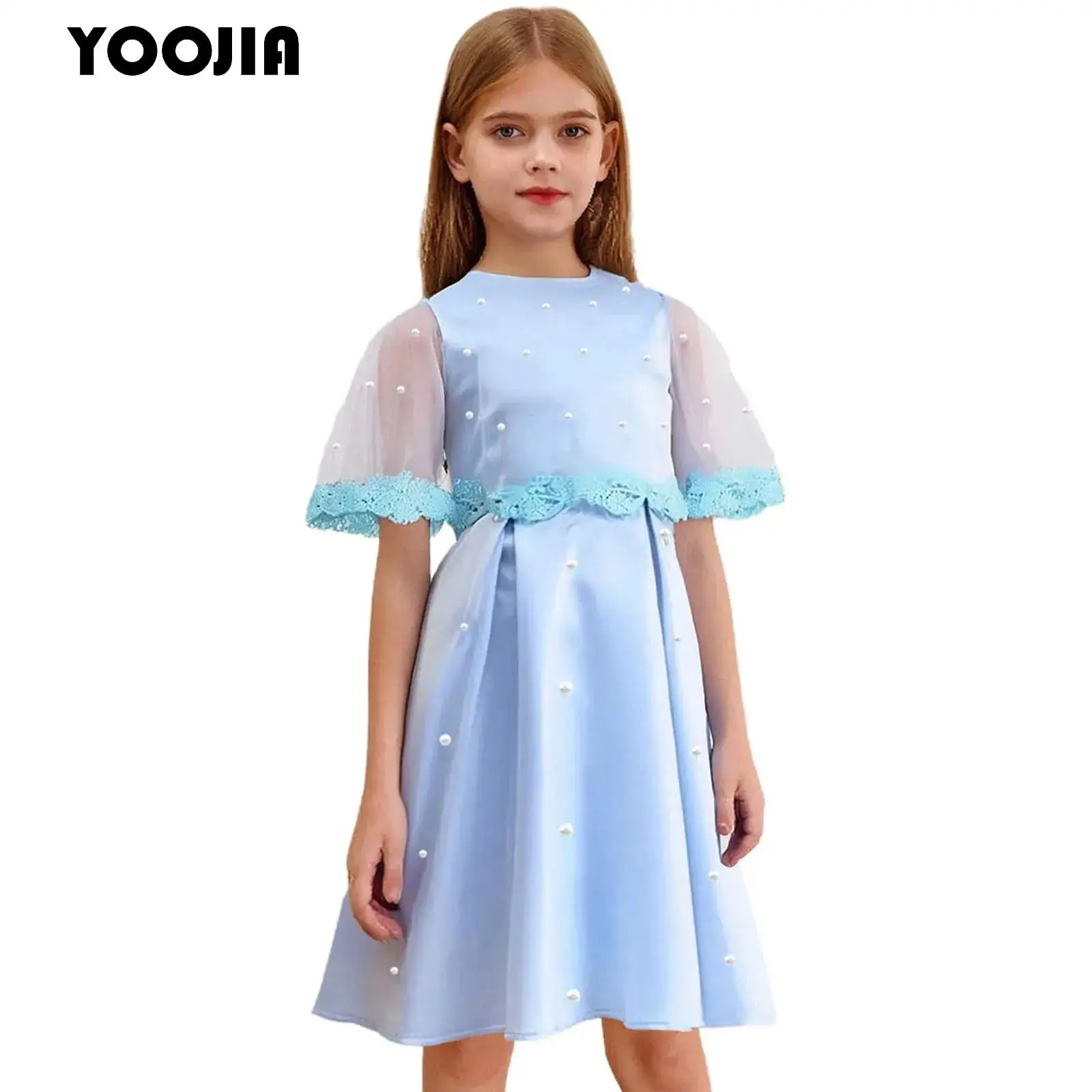 

Satin Wedding Flower Girl Dress Kids Girl Sleeveless Faux Pearls Adorned Pretty Pageant for Wedding Guest First Communion Gown