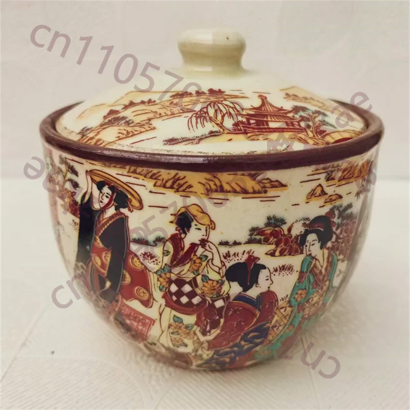 

Старинная китайская фарфоровая чаша с крышкой, банка для хранения, с японским женским узором, винтажный декор для дома, кухонная утварь
