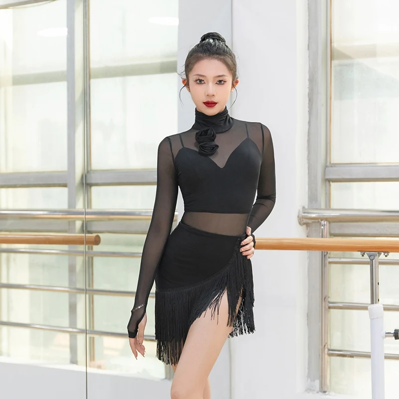 

New Professional Latin Dance Clothes Women Sexy Mesh Tops Tassel Skirt Adult Latin Competition Dress Practice Clothing BL13945