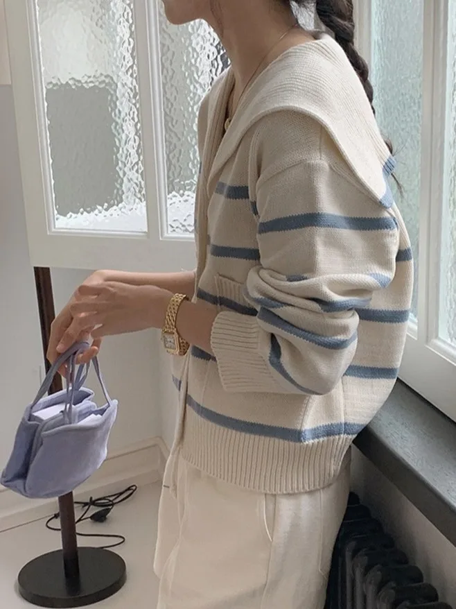 

Korean Sle Loose Fit Striped Knitted Open Cardigan Women's Autumn Winter Navy Collar Color Blo Design Versatile Top