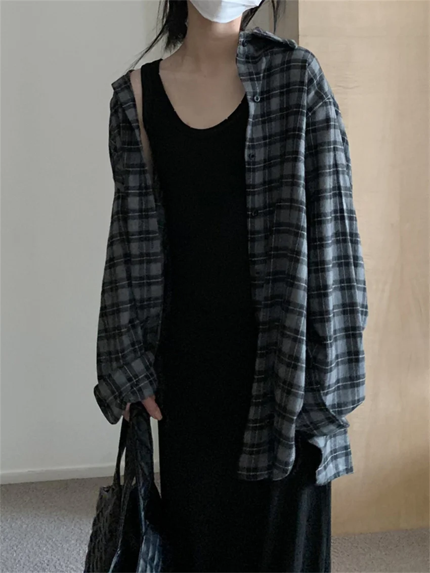 

Arazooyi Plaid Shirts Oversize Vintage Spring High Street Loose New 2023 Casual Full Sleeve Fashion Mujer Office Lady Coats