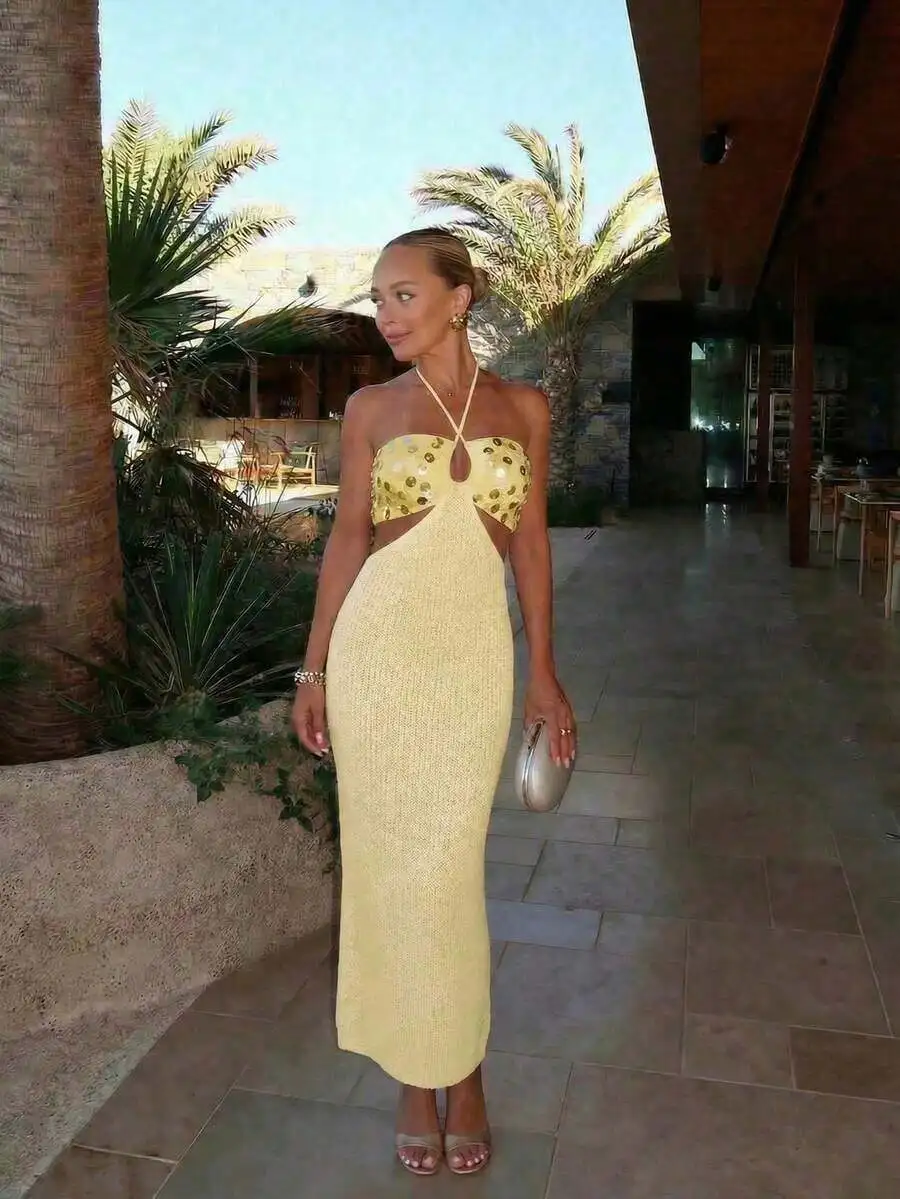 

Womens Summer Bohemian Sequin Apricot Tie-Up Spaghetti Strap Backless Maxi Dress Sleeveless Knit Bodycon Long Dress