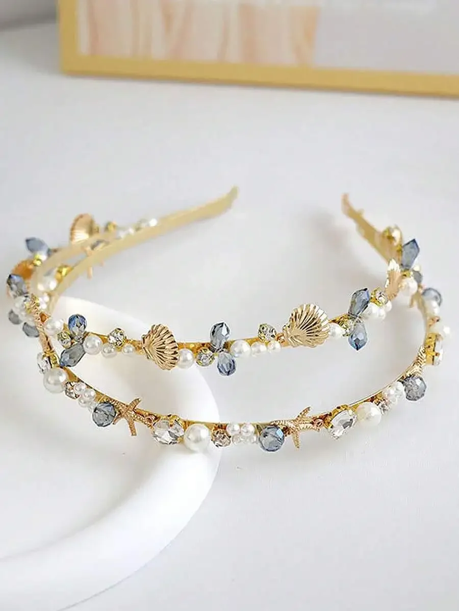 

Ocean Theme Pearl Crystal Headband With Shell Starfish For Women Vintage Bohemian Hair Accessory