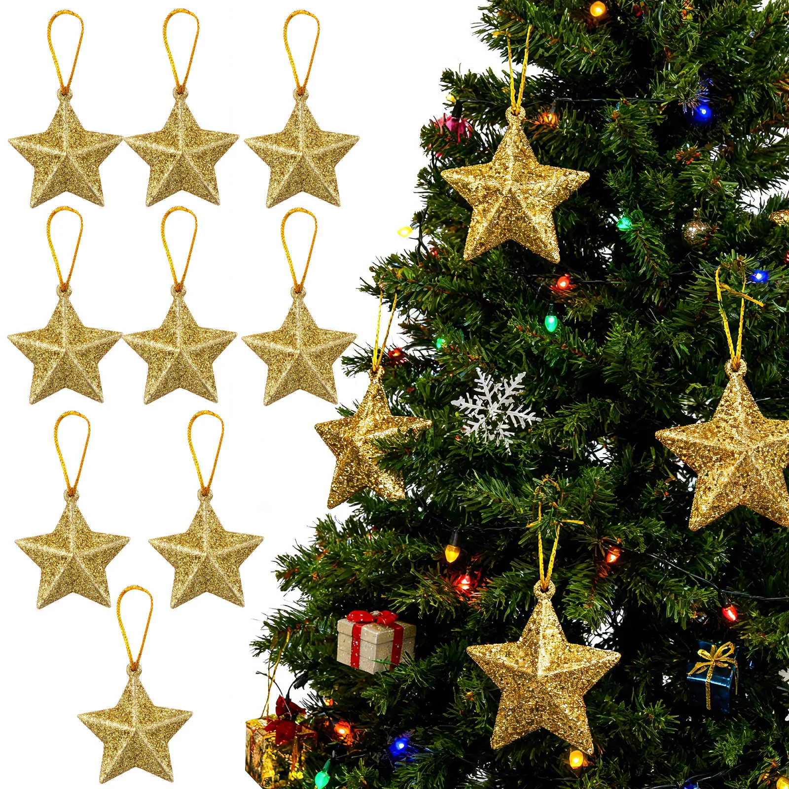 

30Pcs Christmas Tree Glitter Star Pendants Hanging Five-Pointed Star Ornaments Festival Xmas Tree Decorations Ornaments