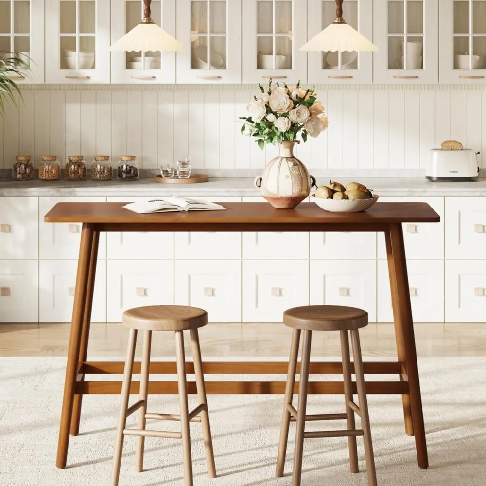 

63" Bar Table, Counter Height Table with Solid Wood Legs, Retro Long Kitchen Bar Table for Home Kitchen, Dining Room, Living Ro