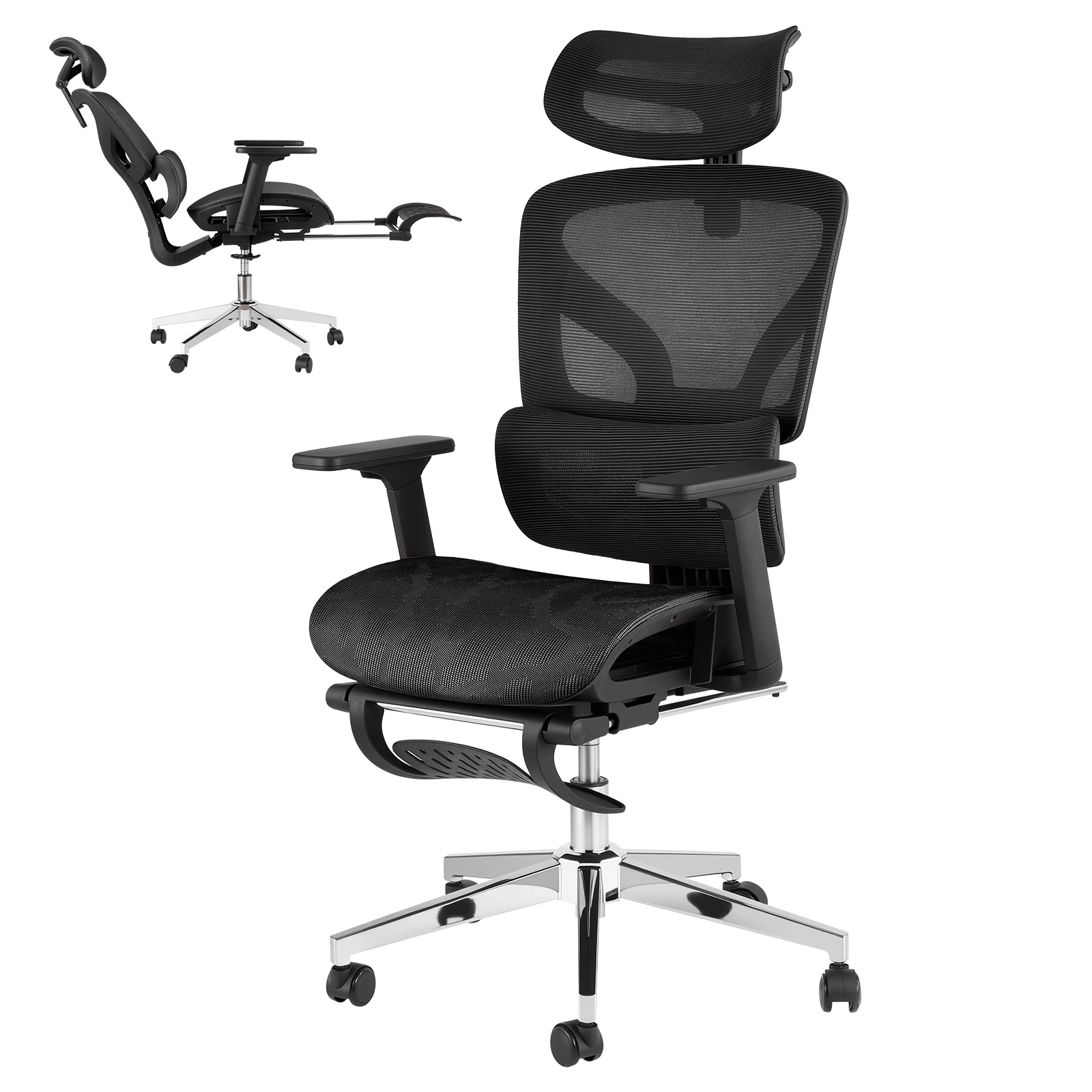 Chaise de bureau ergonomique à dossier haut en maille – Accoudoirs réglables en 3D, support lombaire, repose-pieds – Idéale pour le bureau à domicile, les études, les jeux