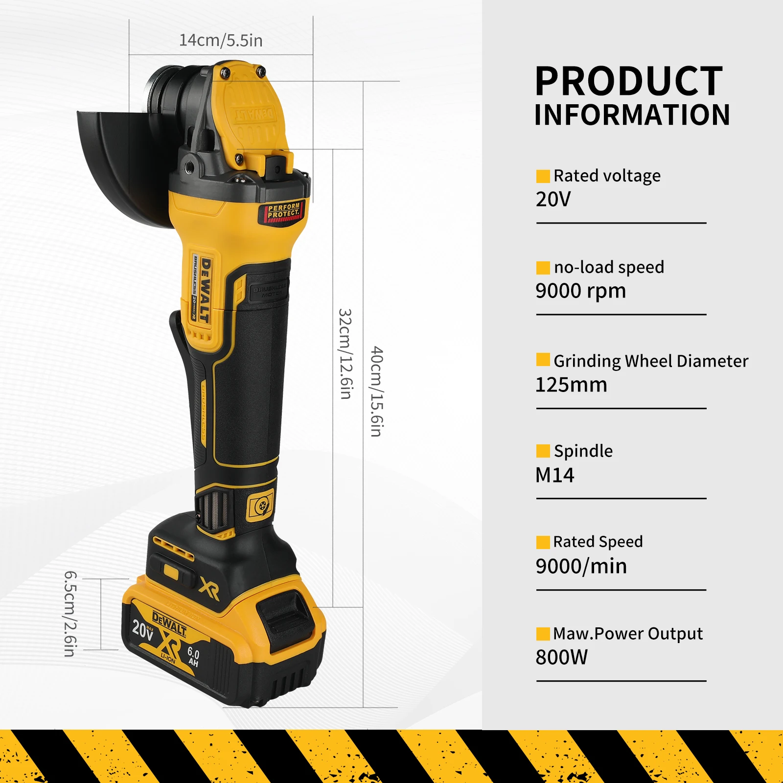 Smerigliatrice angolare a batteria DEWALT DCG416 da 20 V: mola da 125 mm, velocità 9000 giri/min, potenza 800 W, versatile per attività di taglio/lucidatura