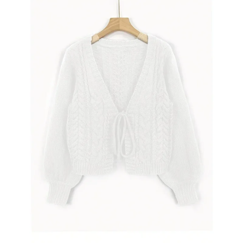 Plus Size 1XL-5XL Fashion Women Knit Cardigan Long Sleeve Tie-Up Solid Fall Casual Jacket Sweater For Daily Street Sweater