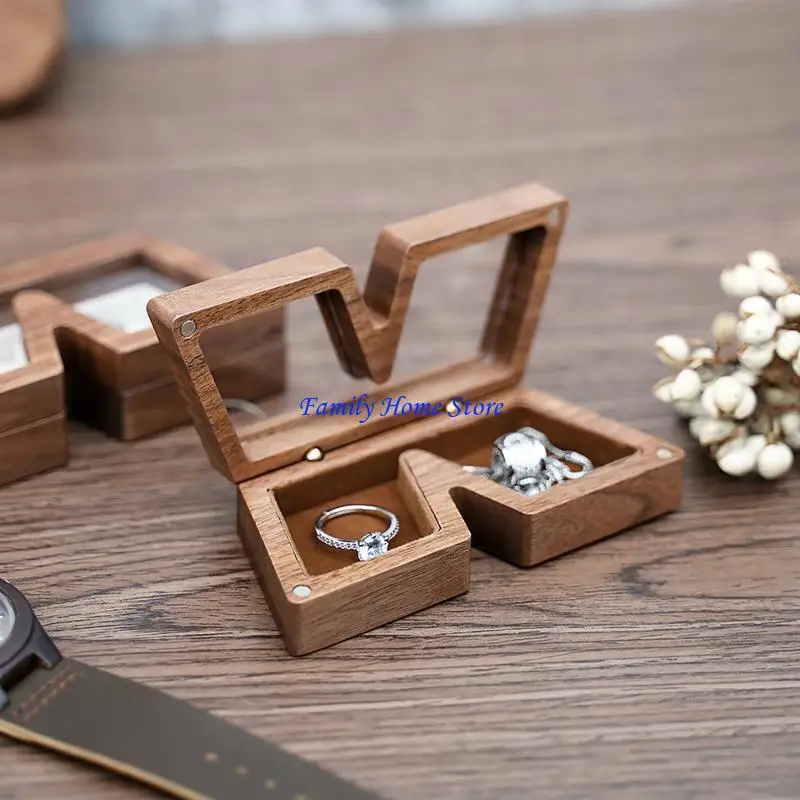 

P0UF Protable Retro Wooden Jewelry Box for Engagement Marriage Proposal Rings Ear Studs Earrings Bracelet Necklace Storage