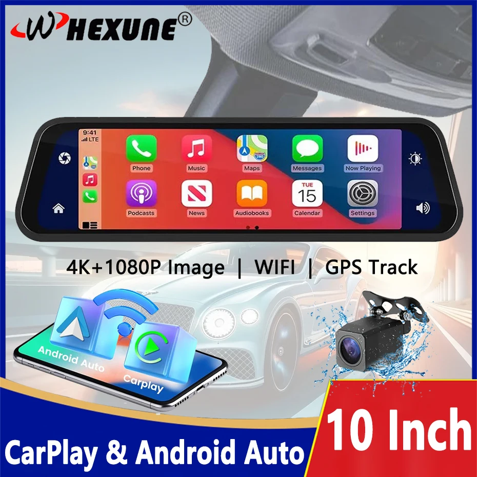 

UHD 4K 2160P Carplay Android Auto Dash Cam Stream Rear View Mirror GPS Navi 5G WIFI Car DVR Video Camera Recorder FM Transmitter