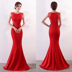 Evening Dress Red Appliques StretchyO-neck Sleeveless Zipper Back Mermaid Trumpet Floor Length Women Party Formal Gowns YE197