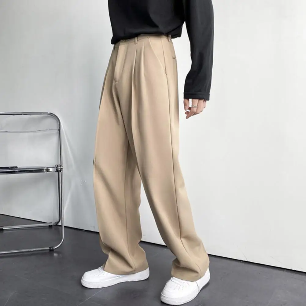 Spring Autumn Men Wide Leg Business Suit Pants Button Zipper Fly Full Length Pockets Loose Casual Pants Men Blazer Suit Trousers