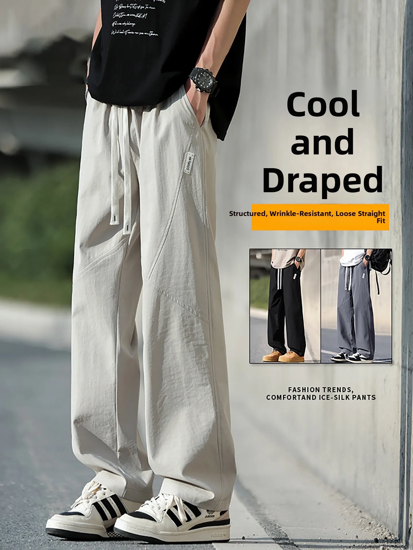 

Ice Silk Straight Leg Men's Casual Pants American Sle High Waist Wide Leg Trousers Faionable Summer Leisure Trousers