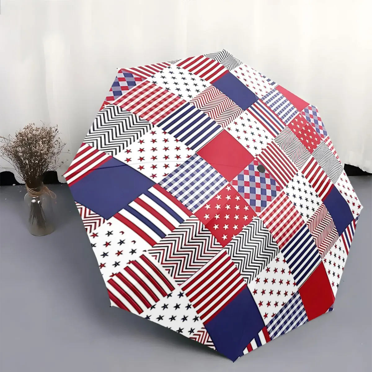 

Flag Automatic Folding Umbrella - Red White & Blue Star & Stripe Design, 8-Rib Compact Collapsible with One-Touch Button, Port