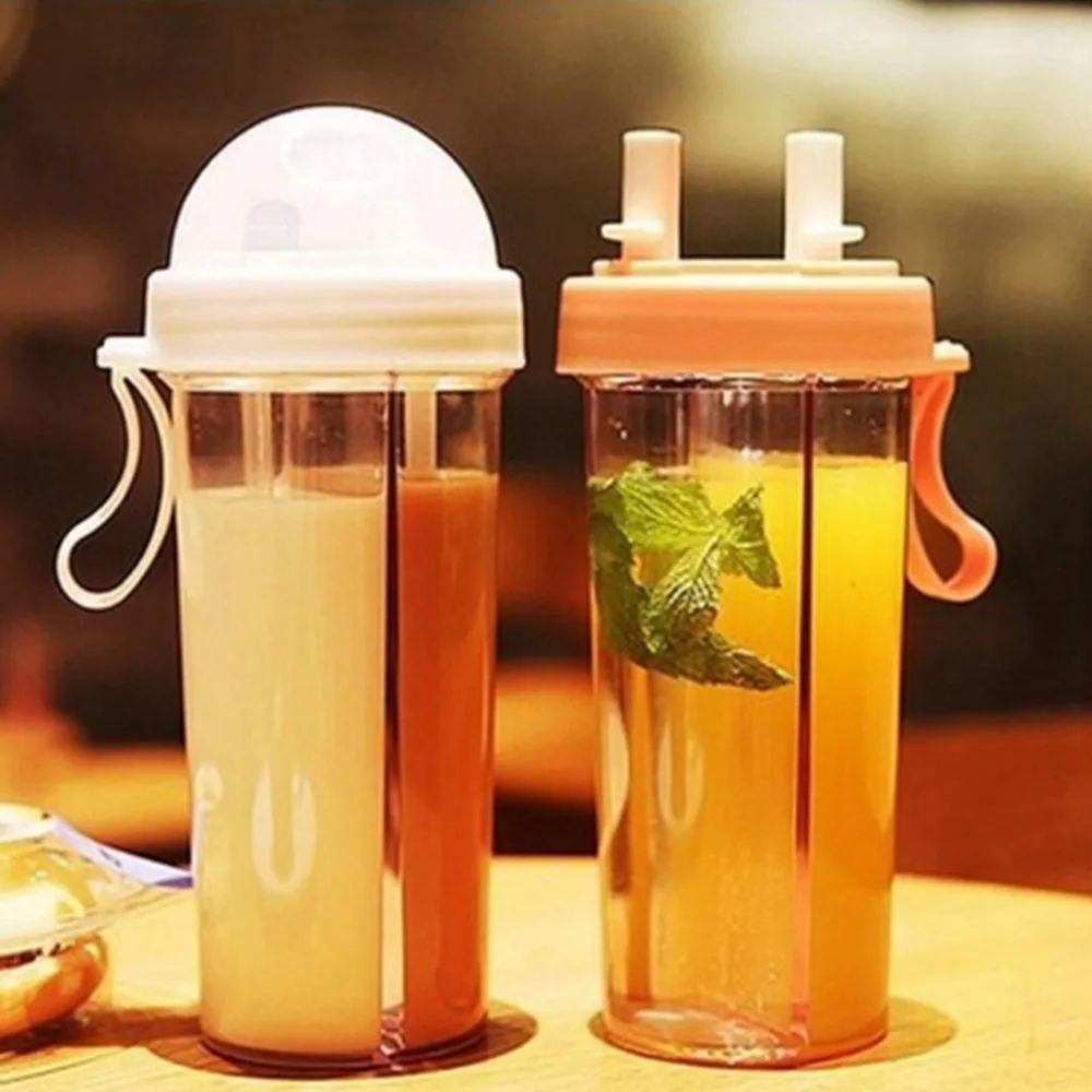 

Portable Bottle 600ML Dual Drink Cup With Tubes Dual Mouth Sport Tumbler Light Weight Large Volume Water Bottle Outdoor Sports