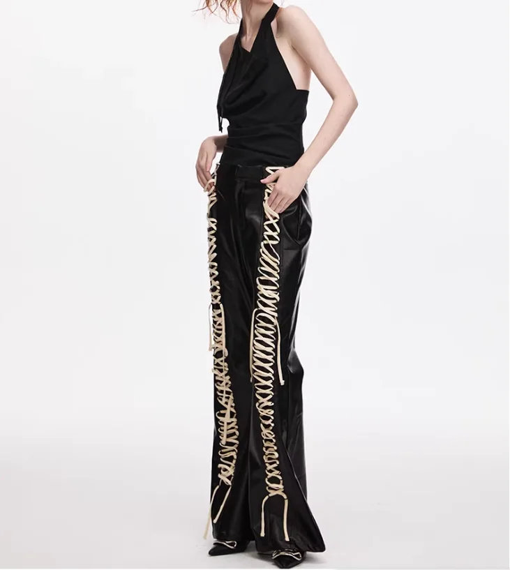 Spring Sex Sexy Personality Lace-up Elegant Vintage Leather Flared Pants Fashion Women Versatile Street Black Floor Trousers