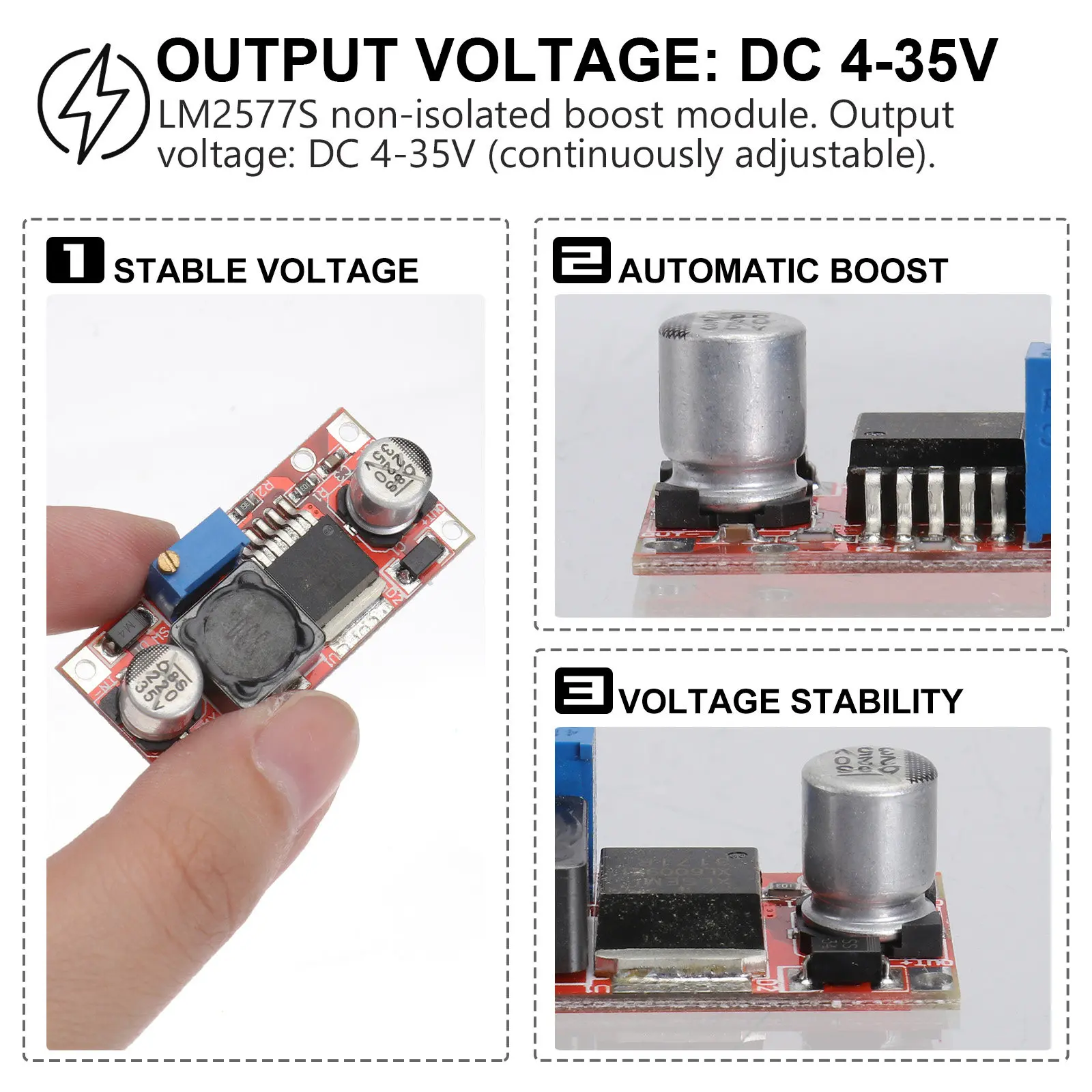 Lm2577s Non-Isolated Boost Module -34V to 4-35V Adjustable Output 2.5a 3A Input Compact 4.2x2x1.2cm Power Module