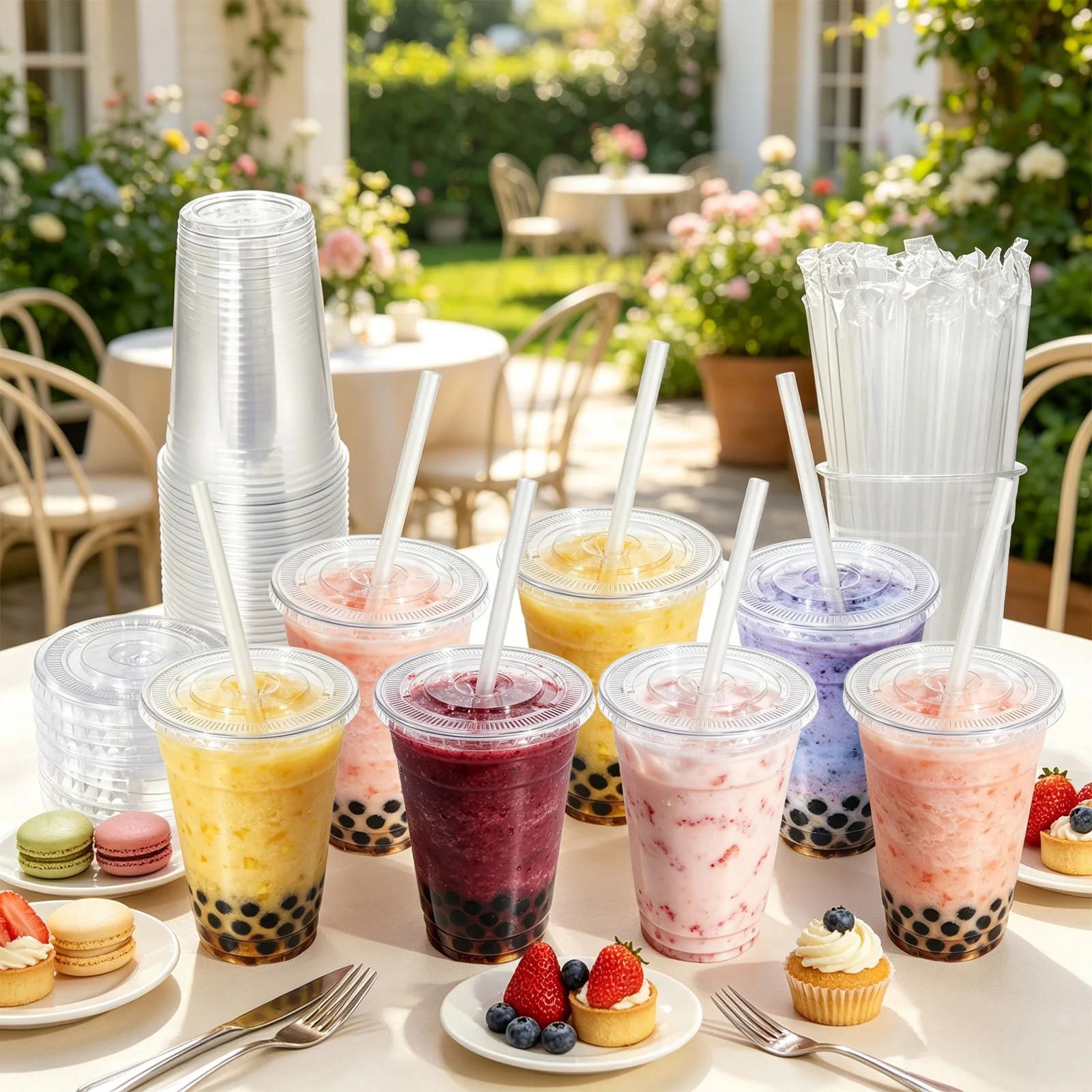 100 Sets of Disposable PET Clear Plastic Cups with Straws - 4 Sizes Available: 12 oz, 16 oz, 20 oz, 24 oz. Perfect for American Parties, Festivals, Family Gatherings, and Office Use as Disposable Iced Coffee Cups. - view 7