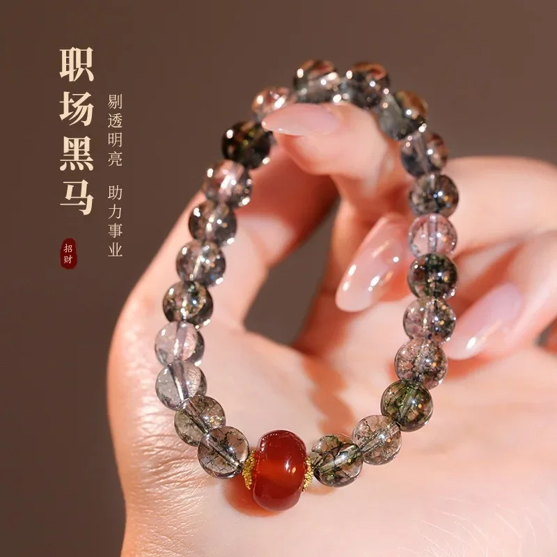 

New Chinese-style Optimized Green Ghost Agate Beaded Bracelet Niche Design Light Luxury Green Hair Crystal Temperament Internet