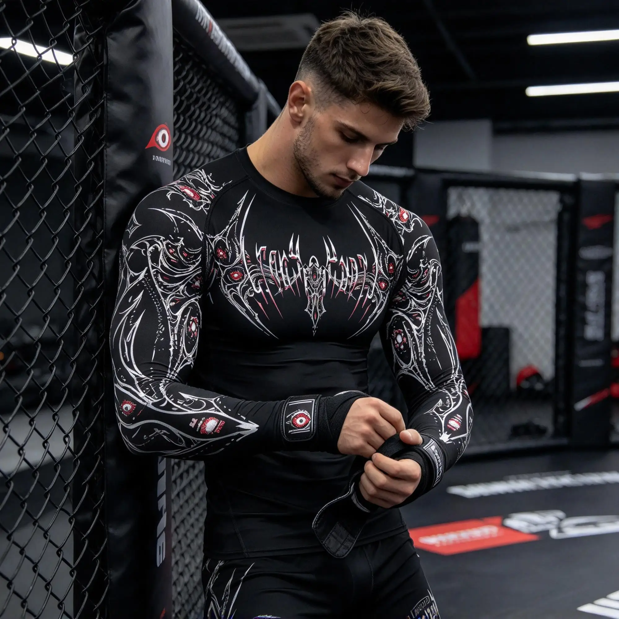 Men Dark Gothic Print Long Sleeve Compression Rashguard High Stretch MMA BJJ Muay Thai Grappling Kickboxing Training Shirt