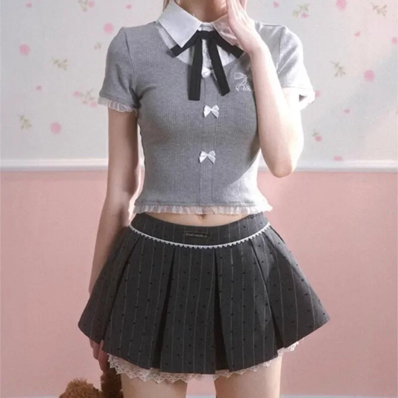 Women Pleated Skirt A-line Dress Y2k Bow High Waist Short Skirt Harajuku Design Streetwear Sweet Vintage Chic Sexy Mini Skirt