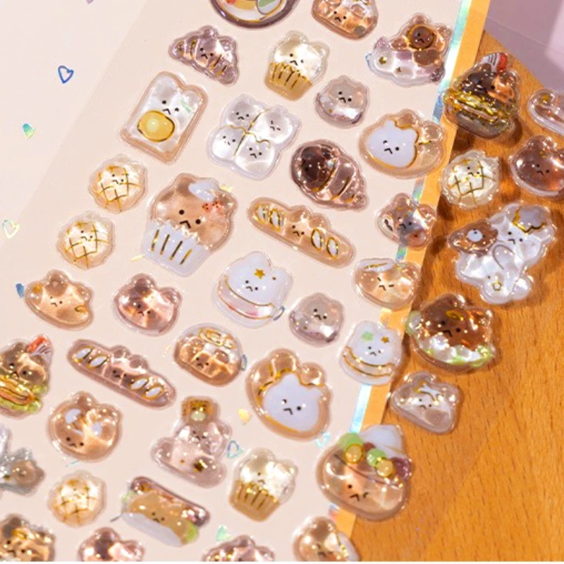 Cute Bread Bear 3D Relief Stickers - DIY Resin Crystal Sticker for Children Cartoon Animal Decoration for Phone Case Stationery