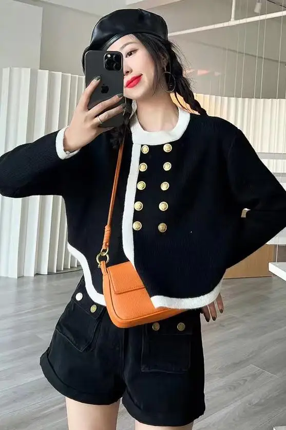 Korean Fashion Women Cardigan Coat Ropa Mujer O-neck Double-breasted Sueter Knitting Coat Korean Black Sweater Tops Pull Femme