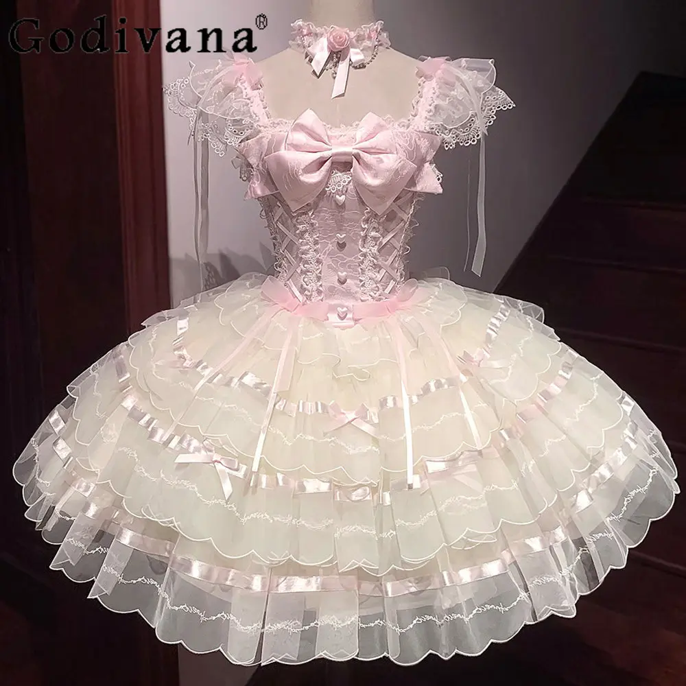 

Pink Lolita Dress for Women Summer New Sweet Cute Girls Bow Lace Suspenders Dress Jsk Princess Birthday Party Dress Vestidos