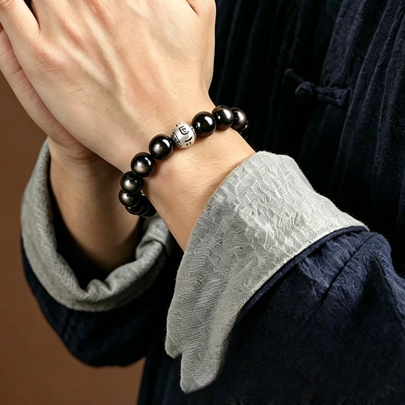 Chinese Style Silver Obsidian Beaded Bracelet S999 Six Character Mantra Good Luck Fortune Blessing Unisex Wrist Jewelry For Men