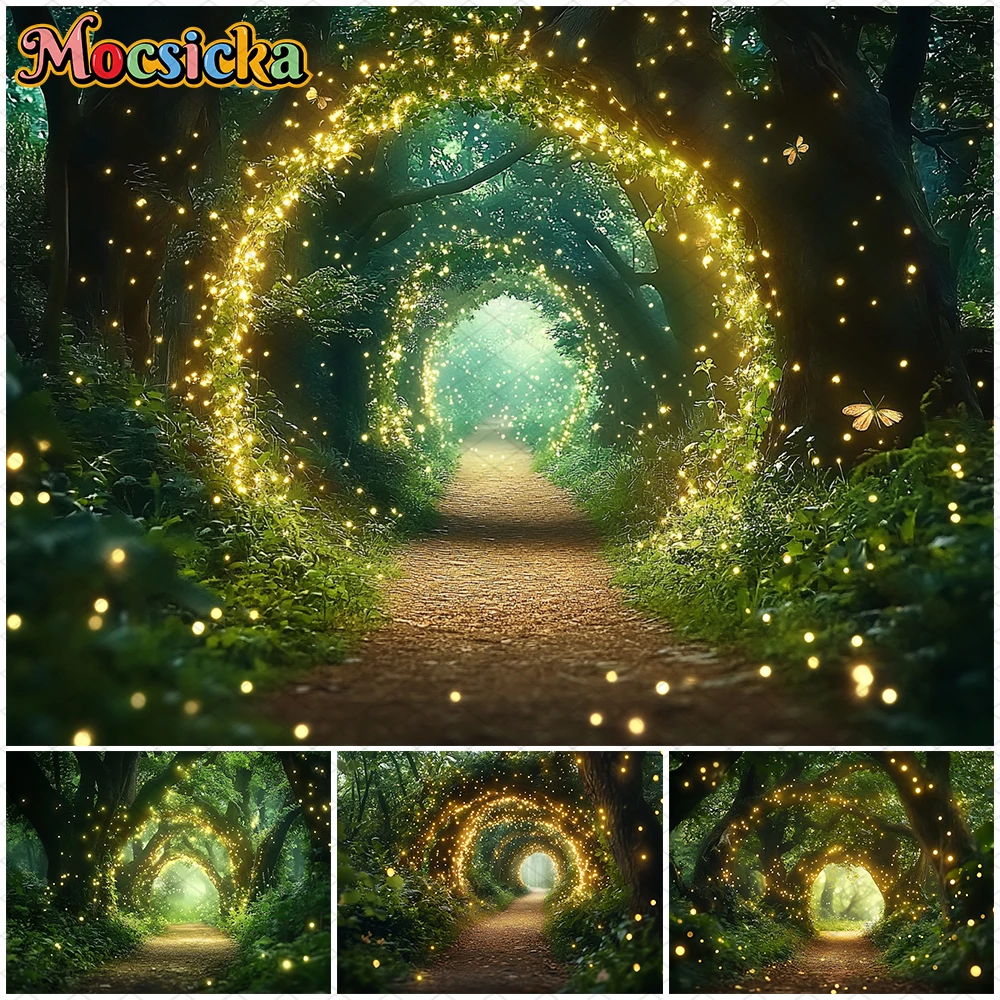 

Mocsicka Green Forest Photography Background Easter Tree Path Firefly Dot Pattern Party Supplies Birthday Decors Spring Backdrop