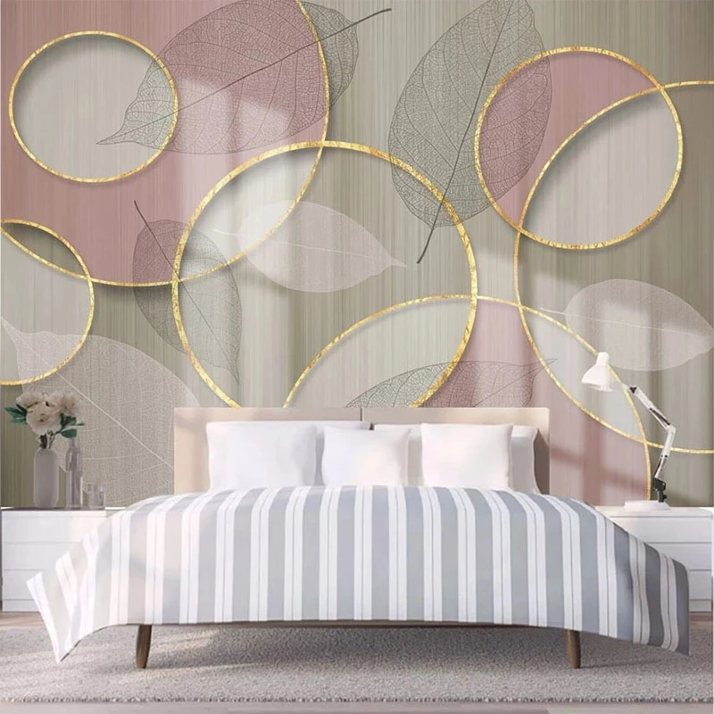 Custom Wallpaper 3D Golden Circle Transparent Leaves Pink Bedroom Art Mural Living room TV background wall bedroom restaurant 8d