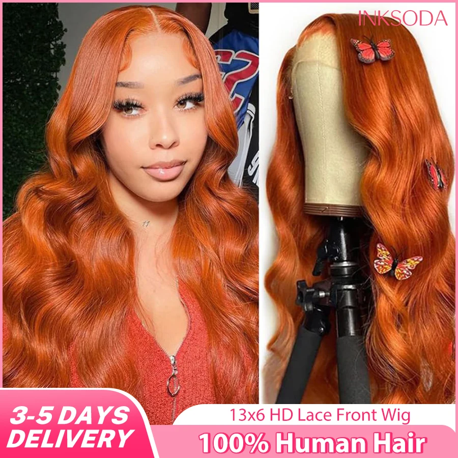 

34 Inch Orange Ginger 13x4 Lace Front Human Hair Wigs For Women Brazilian 350 Colored 13x6 Body Wave Lace Frontal Wig PrePlucked