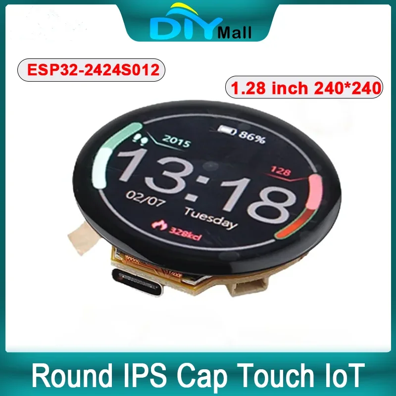ESP32-2424S012 1.28" Round IPS TFT 240x240 Cap Touch GC9A01 w/ESP32-C3 WiFi/BT for Arduino/IoT & 65K Colors