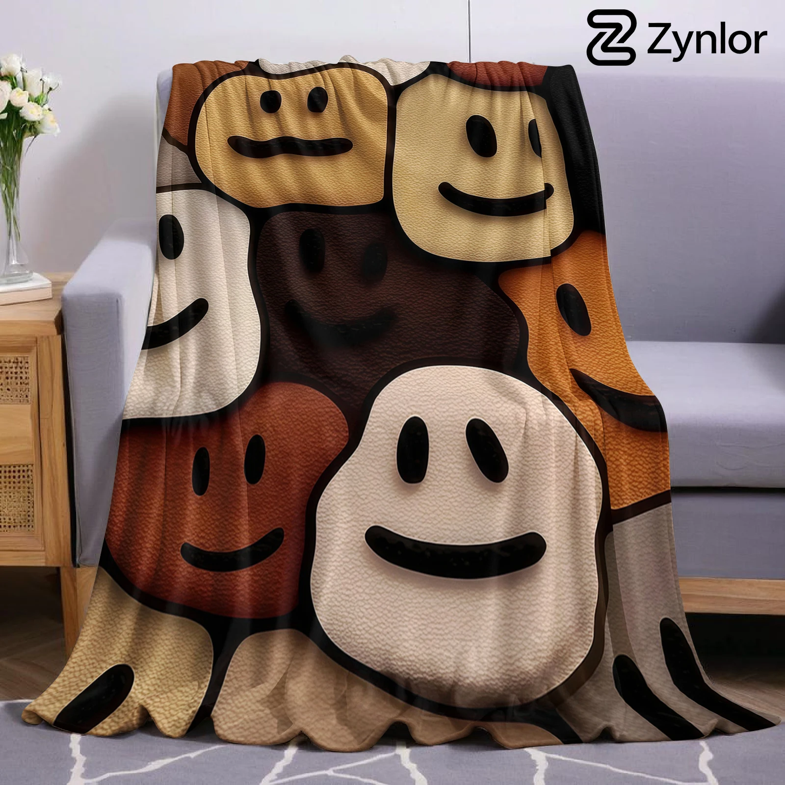 Brown Tone Smile Lightweight Microfiber Flannel Blanket Soft Warm Cozy Throw All Season for Bed Sofa Office Travel Gift