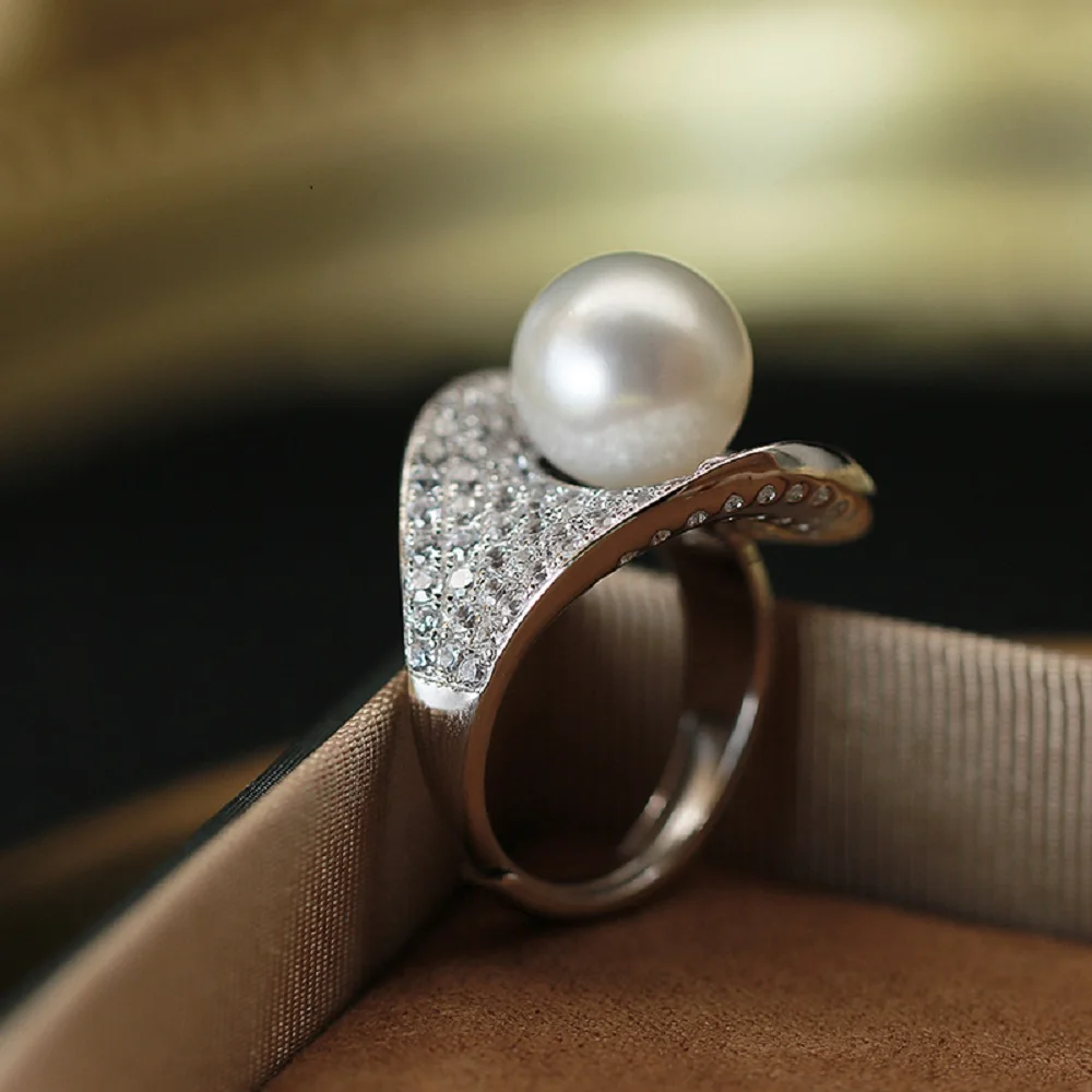 New Pearl Ring AAAA 12-13mm Natural Round Japanese Pearl Open Ring 925s