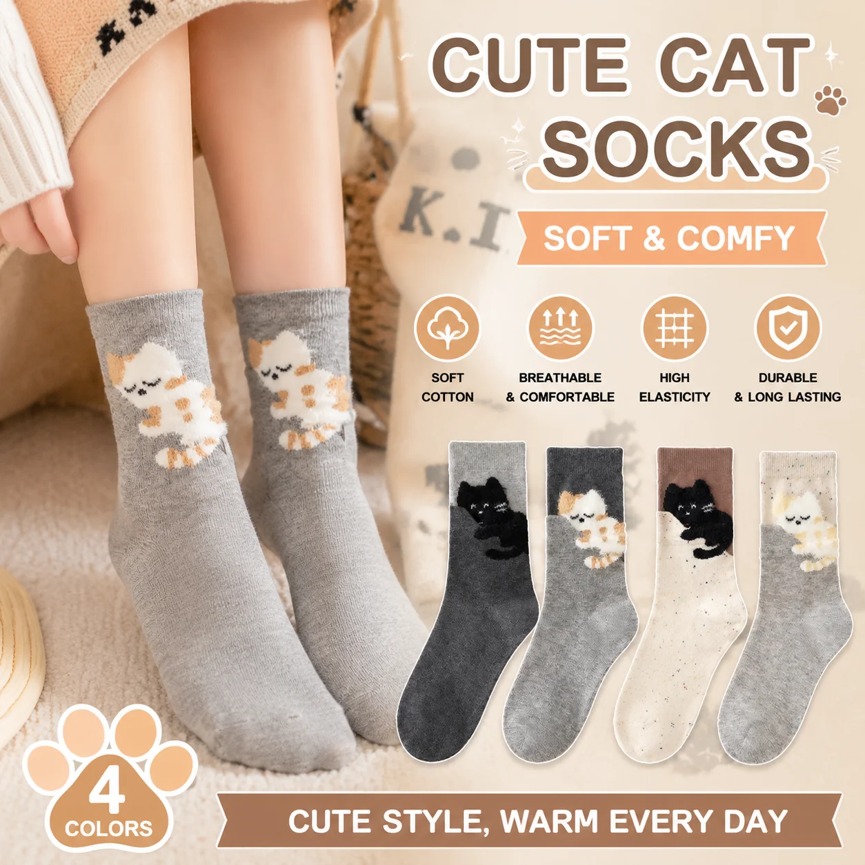 Women Mid Calf Socks Spring Autumn Korean Style Cartoon Cute Cat Long Stacked Socks for Daily Wear Comfortable Soft Set