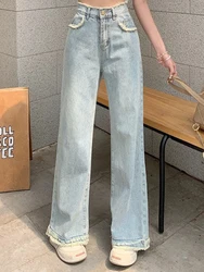 Kobiety Wysoka talia Raw Edge Washed Jeans Girls Light Color Straight Leg Denim Pants Lady Blue Hong Kong Style Retro Loose Trousers