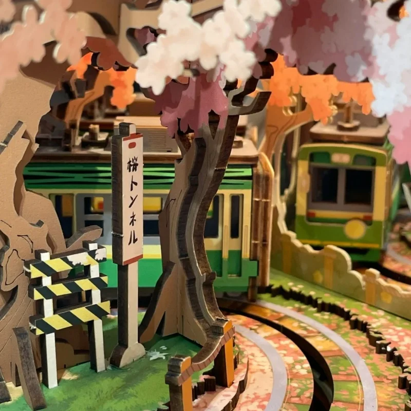 Robotime Rolife لتقوم بها بنفسك صندوق تشغيل الموسيقى ساكورا حالمة جولة ثلاثية الأبعاد لغز خشبي كتاب الزاوية التلفزيون أطقم منمذجة ديكور المنزل هدية عيد ميلاد عيد الميلاد