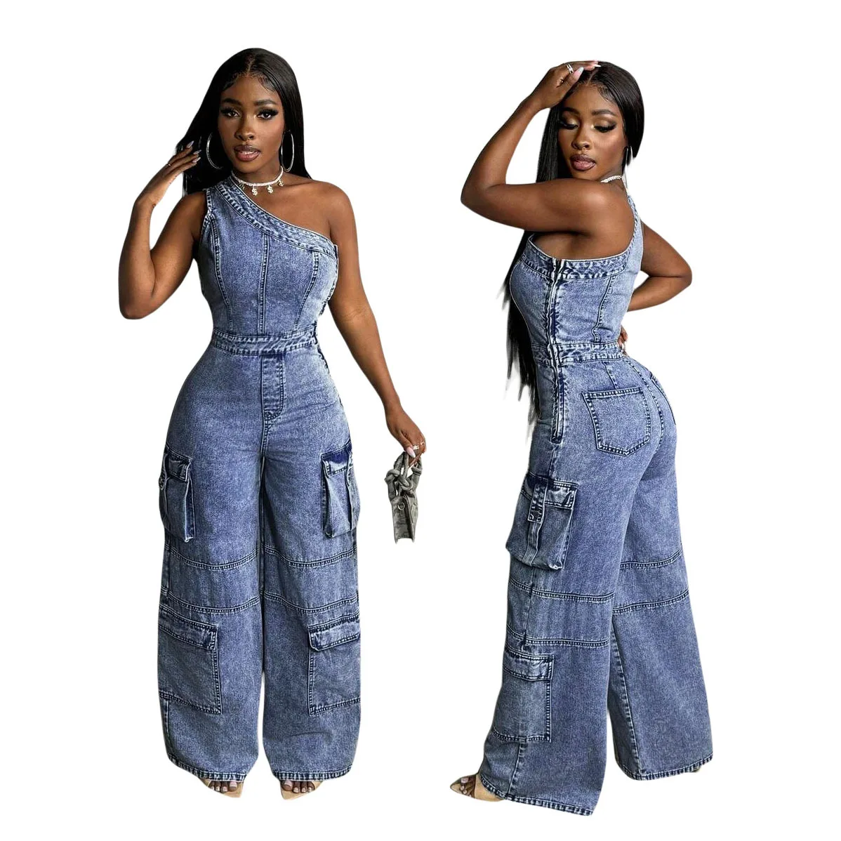 Women Jumpsuit Sexy Off-The-Shoulder Tight-Waisted Elastic Denim Jumpsuit Lady Casual Multiple Pockets Wide-Leg Jeans Jumpsuit
